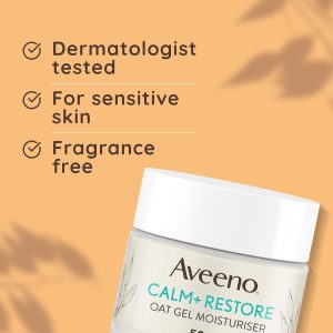 Aveeno Face Calm+Restore Oat Gel Moisturiser (1x 50ml), Face Moisturiser to Instantly Soothe and Replenish the Skin’s Moisture Barrier, Intensely Nourishing Day Cream, Tested on Sensitive Skin